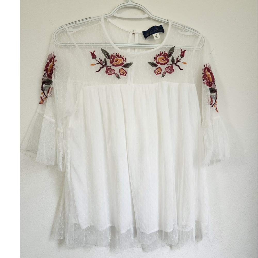 Blue Rain Francescas White Mesh Floral Embroidered Babydoll Top 409652 Medium